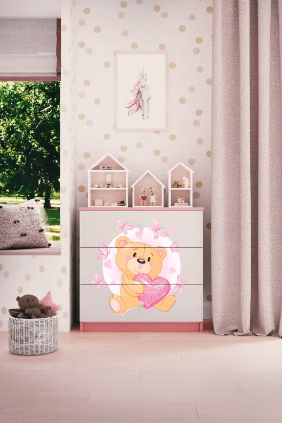 Cassettiera per bambini con cassetti orsetto farfalle nel colore rosa Babydreams