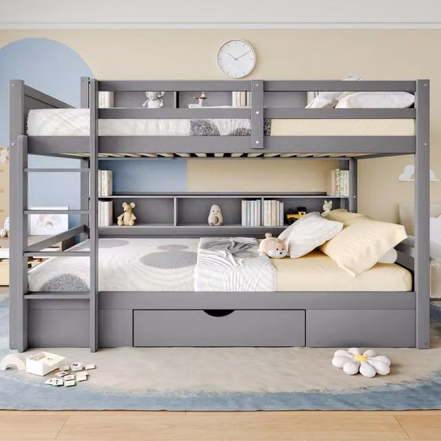 Letto a castello per bambini 90x200 cm grigio in legno con cassetto contenitore