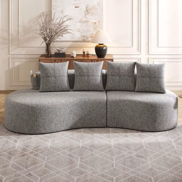 Divano 4 posti in lino grigio chiaro 240 cm con chaise longue; cuscini e portabicchieri per soggiorno