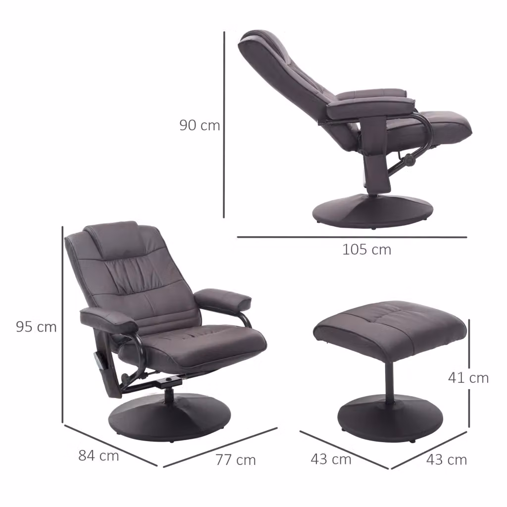 Poltrona massaggiante WISHDOR girevole a 360 gradi con poggiapiedi, funzione relax e telecomando, struttura in metallo e rivestimento in ecopelle marrone – 2