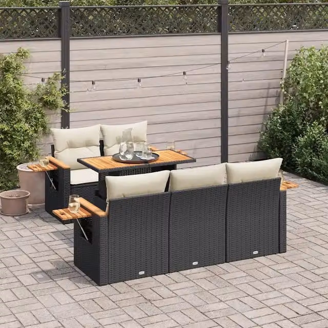 Set Divano da Giardino 6 pz con Cuscini Nero Polyrattan Acacia 3327549