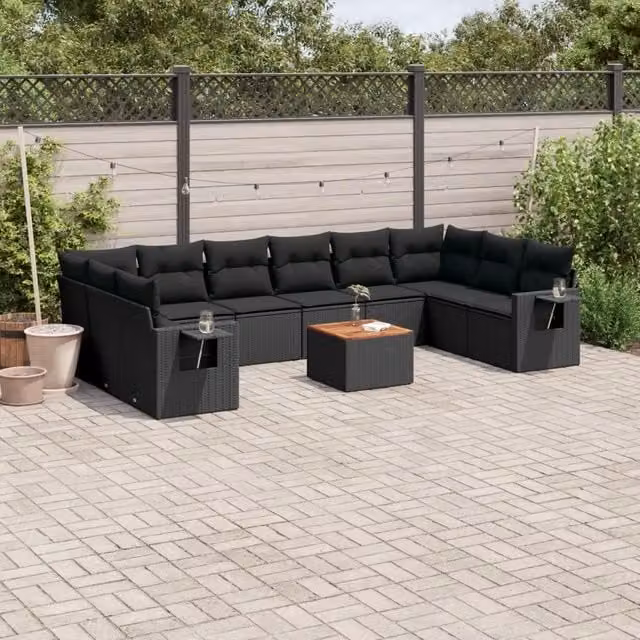 Set da giardino moderno vidaXL composto da 11 pezzi in polyrattan nero con cuscini inclusi e tavolino da caffè