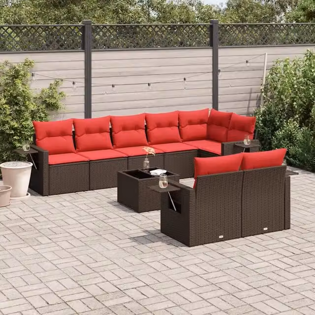 Set Divani da Giardino 9 pz con Cuscini Marrone in Polyrattan 3220433