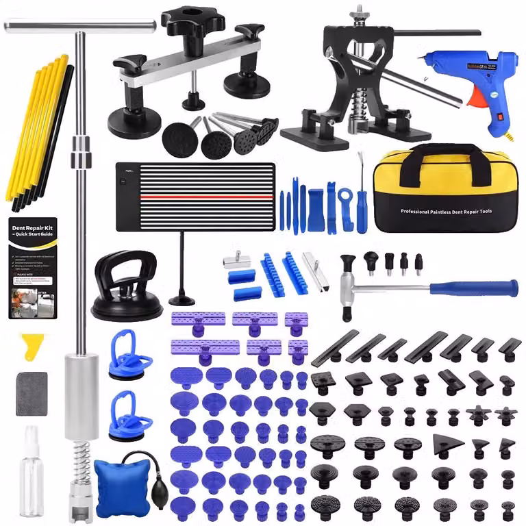 Kit per la riparazione di ammaccature, realizzato in metallo resistente. Include: estrattore per ammaccature (11,4 cm), estrattore a barra a T (17,8 cm). Adatto a diversi tipi di veicoli, efficace per riparare danni causati dalla grandine