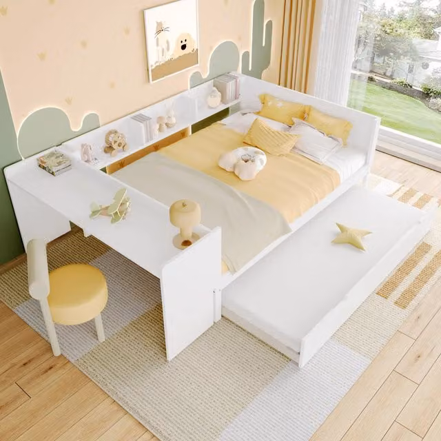 Letto matrimoniale 140 × 200 cm con scrivania, letto estraibile 90 × 190 cm e 3 mensole, senza materasso, bianco