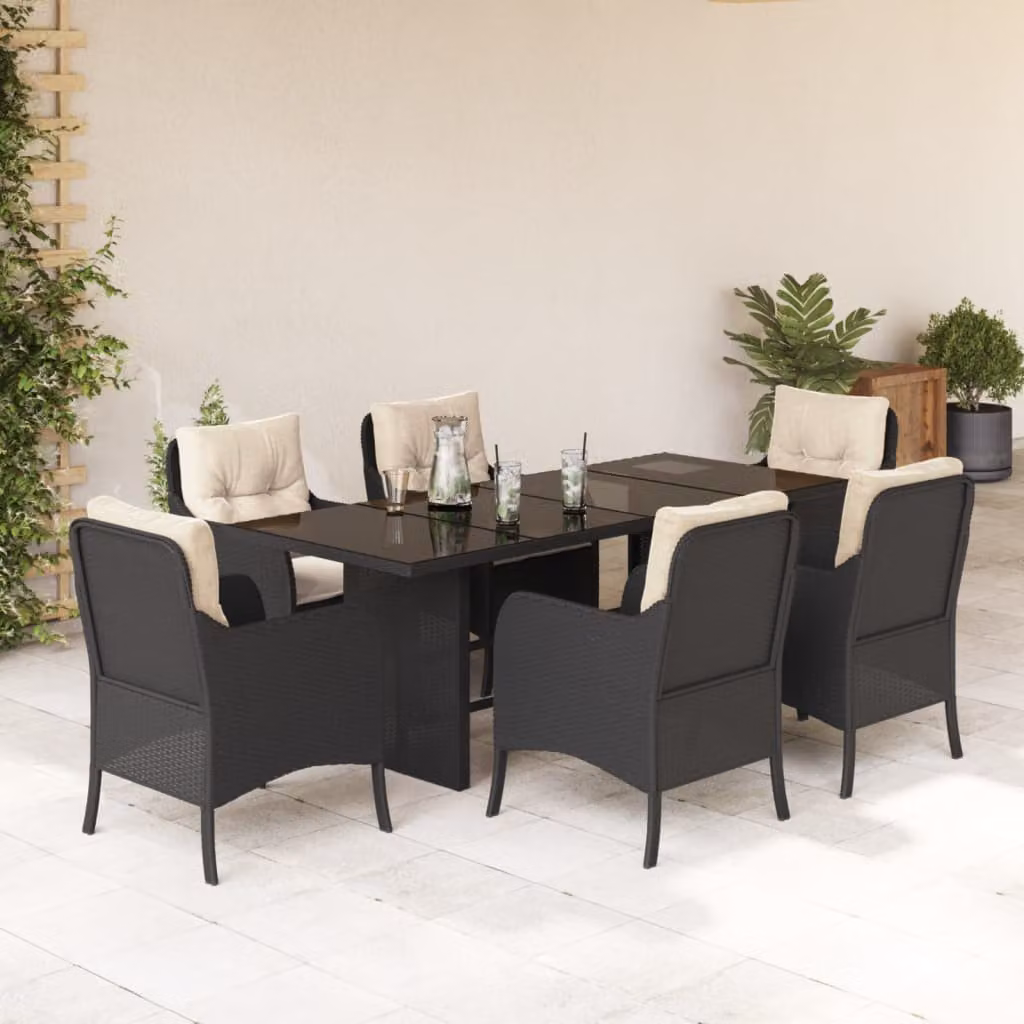vidaXL Set da Pranzo da Giardino 7 pz in Polyrattan Nero con Cuscini e Tavolo in Vetro – 1