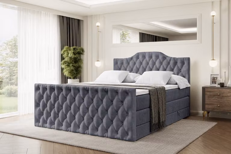 Letto boxspring ALTDECOR con pediera, 2 materassi e topper - 200x200 cm - VILA-1-Z KING - Velluto grigio scuro - Letto imbottito con materassi H3 e H4, contenitore e rete a doghe, letto con spazio contenitivo