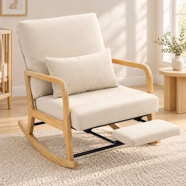 Poltrona a dondolo 89x70x97,5 cm in poliestere crema con poggiapiedi, per soggiorno