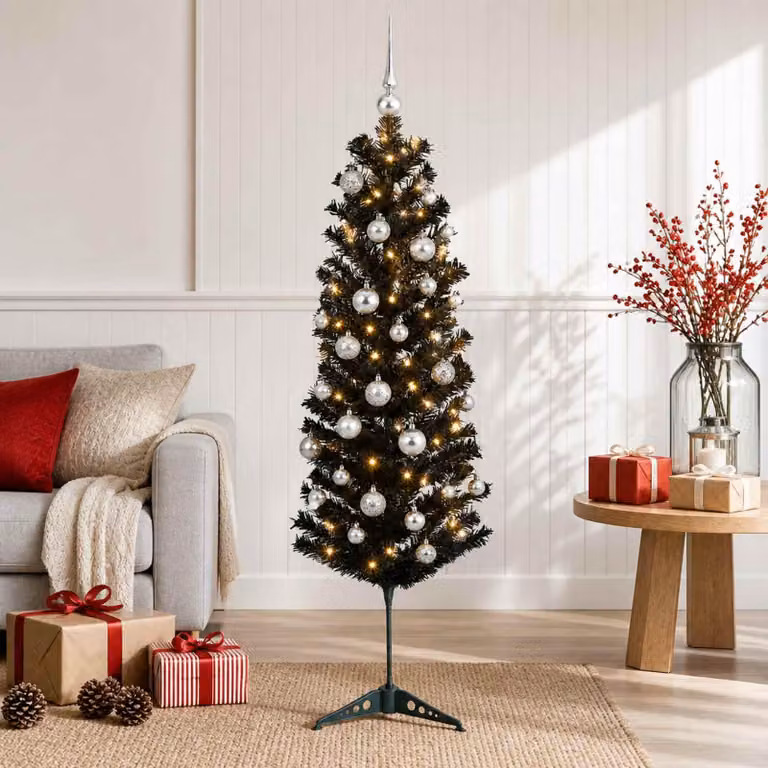 Albero di Natale artificiale, sottile, con decorazioni a forma di pallina, altezza 150 cm