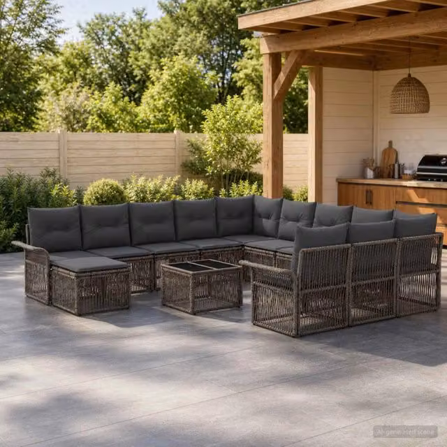 Set Divano da Giardino vidaXL a Forma a U in Polyrattan Grigio, 13 Pezzi con Cuscini e Tavolino
