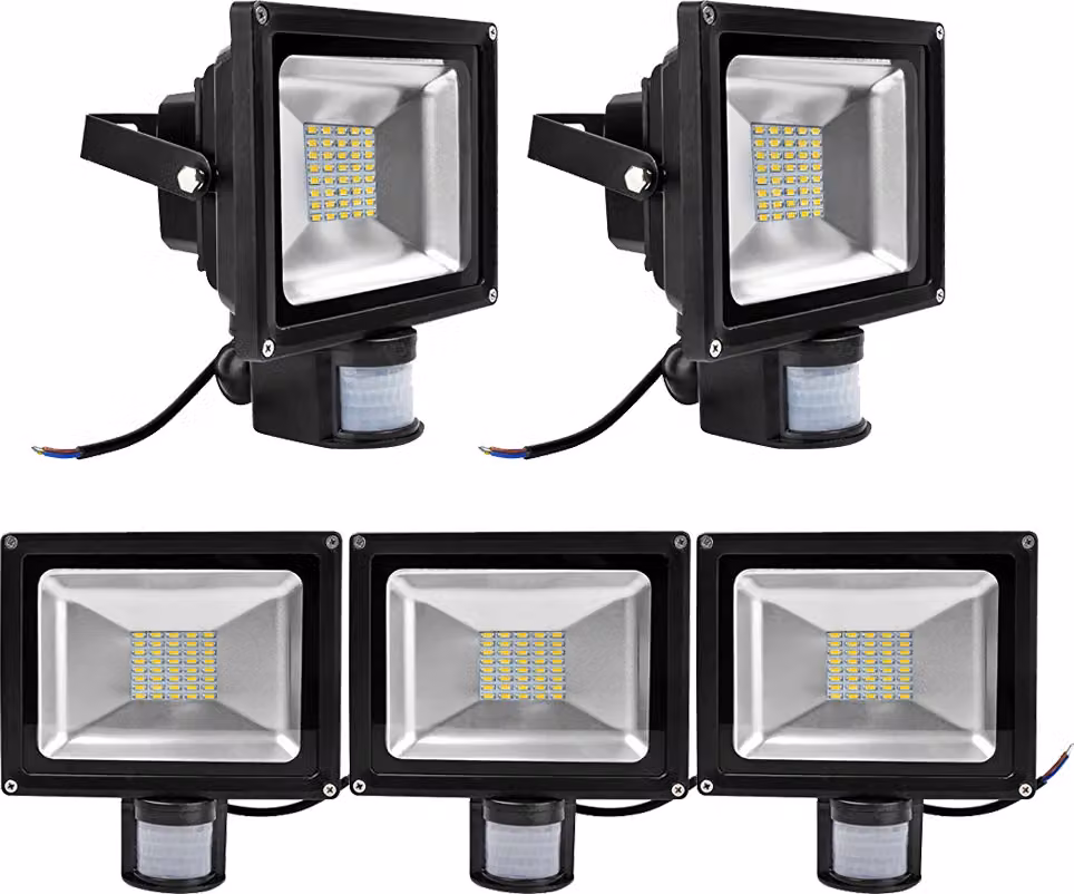 5 pezzi di proiettori LED SMD da 30 W con sensore di movimento PIR, Greenmigo 120° IP65, corpo in alluminio nero, luce bianco caldo