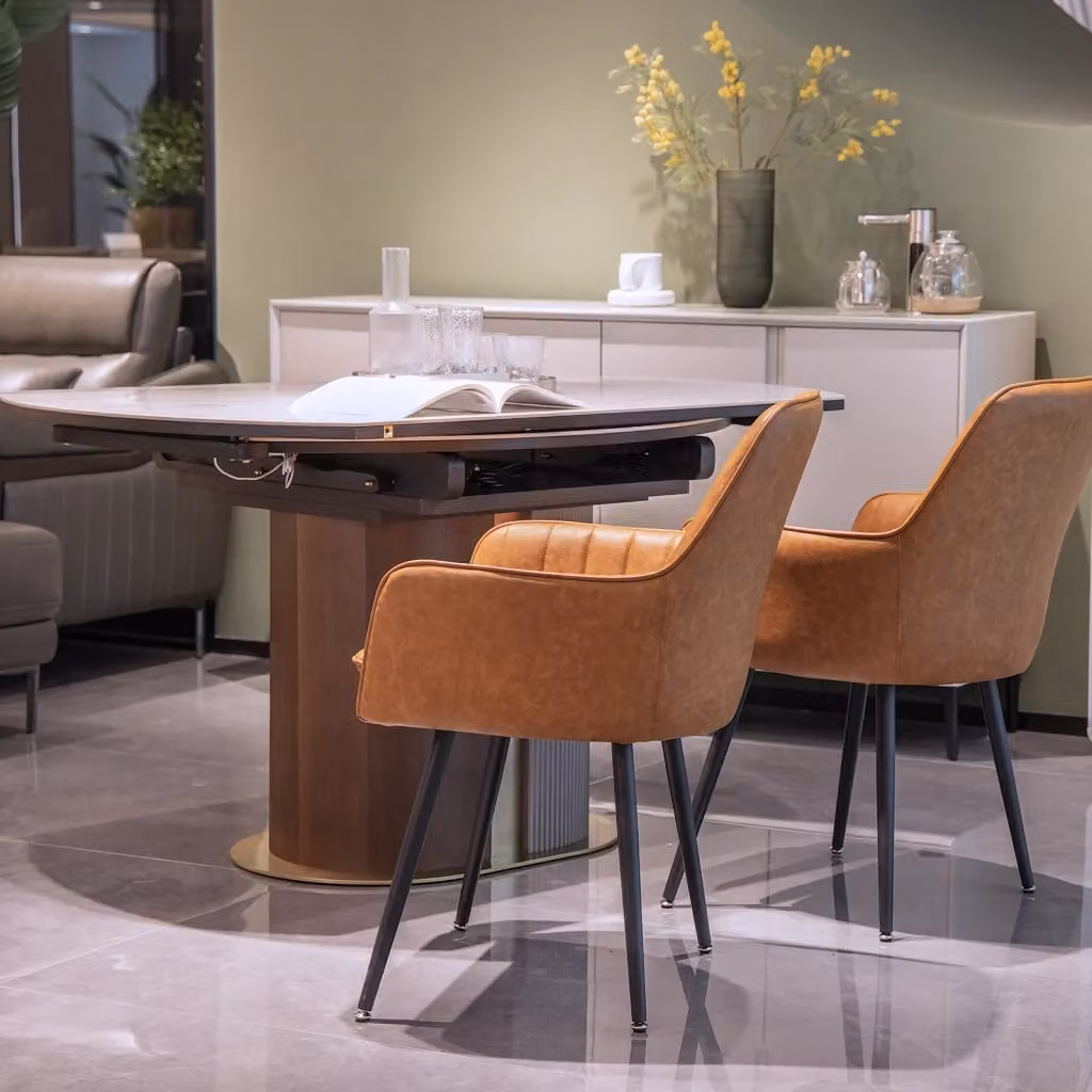 Sedia da pranzo moderna OKWISH con braccioli in ecopelle marrone e struttura in metallo per cucina, soggiorno e sala da pranzo – 2