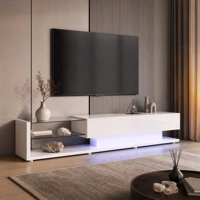 Mobile TV basso lucido bianco 170x36x38 cm con 2 cassetti; 2 ripiani in vetro e LED