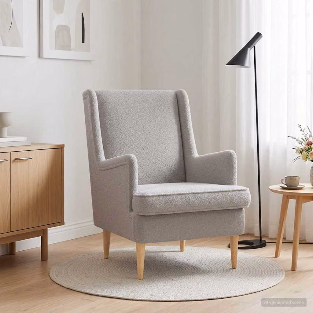 Poltrona moderna vidaXL in tessuto bouclé grigio con braccioli e struttura in legno e metallo L: 79 cm, P: 62 cm, H: 90 cm