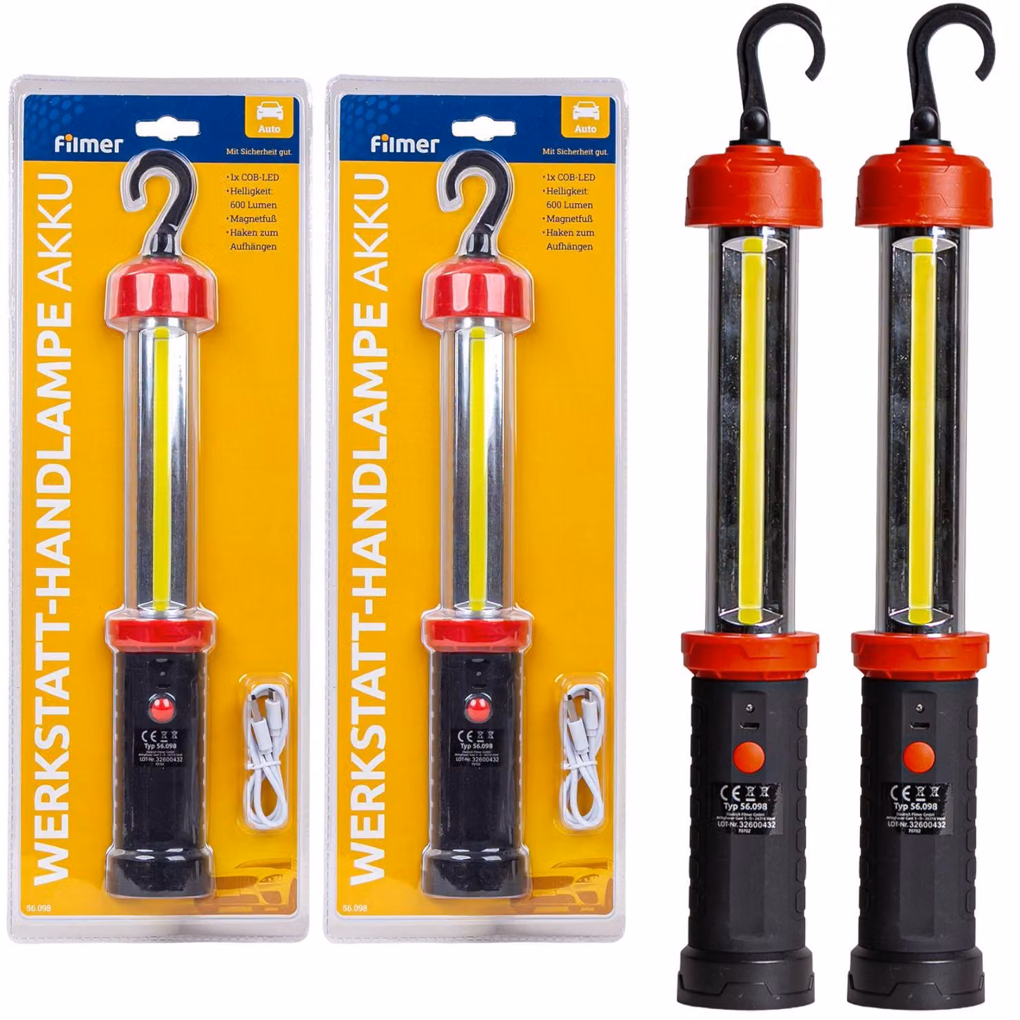 Lampada da lavoro a batteria con 2 LED COB, ricaricabile tramite USB, per officina auto, lampada portatile per ispezioni