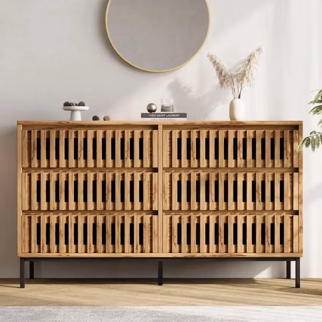 Cassettiera, credenza da sala da pranzo, 6 cassetti, piedini in metallo, finitura effetto legno, 120 x 40 x 81 cm