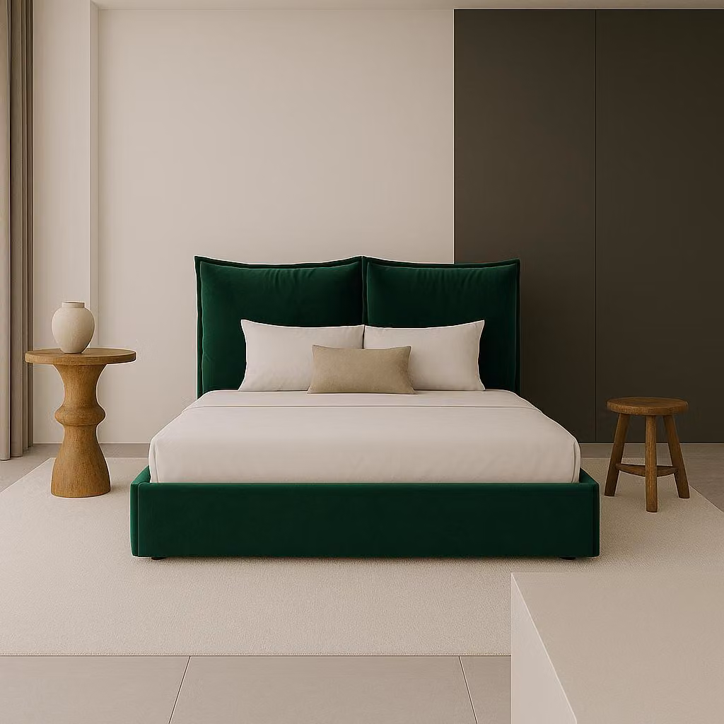 Letto matrimoniale imbottito Sofello VERDE con cuscini sfoderabili con cerniera, superficie di riposo 180 cm, testiera morbida e confortevole in velluto.