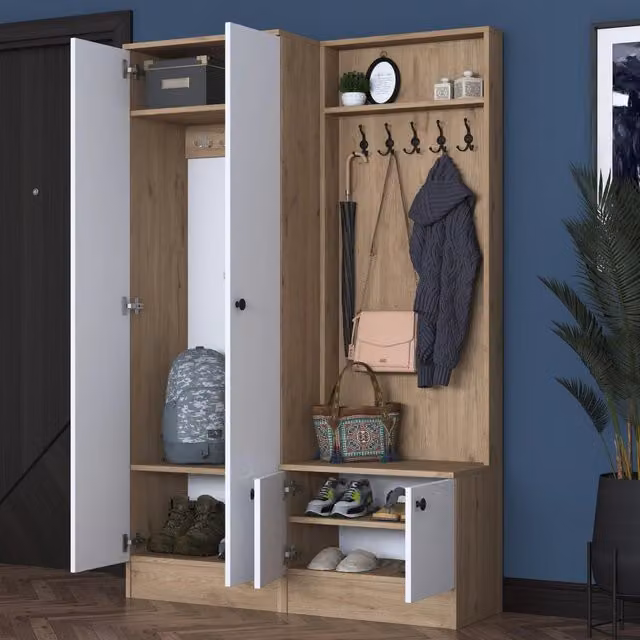 DMORA Mobile da Ingresso Moderno con 5 Ripiani, Bianco e Rovere, L: 120 cm, P: 36 cm, H: 183 cm – 1