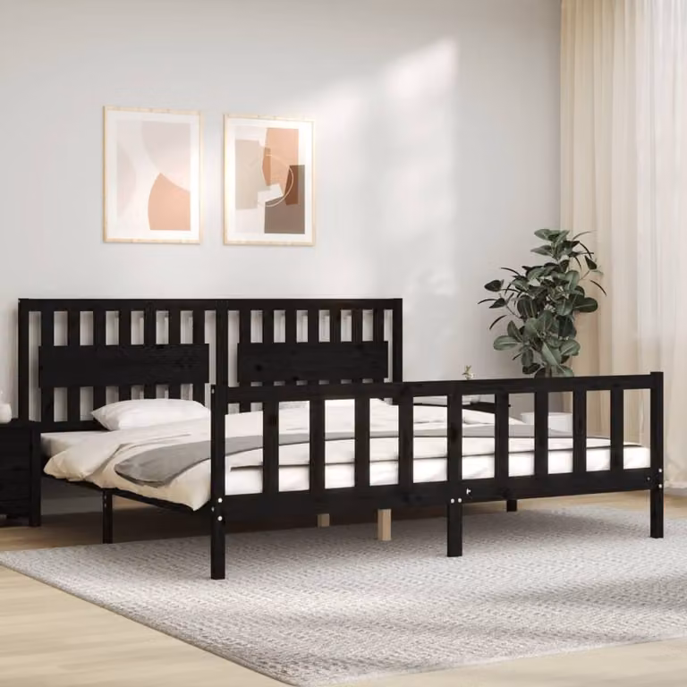 The Living Store Letto in legno massiccio con testiera nera 200x200 cm