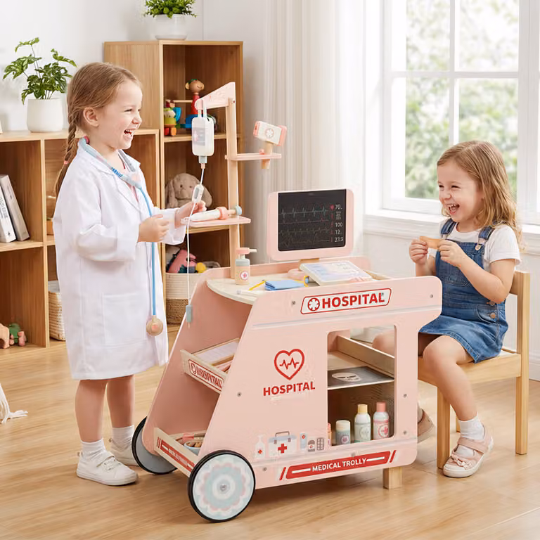 Set da gioco medico in legno Costway con carrello e accessori, stazione medica mobile per bambini, Rosa