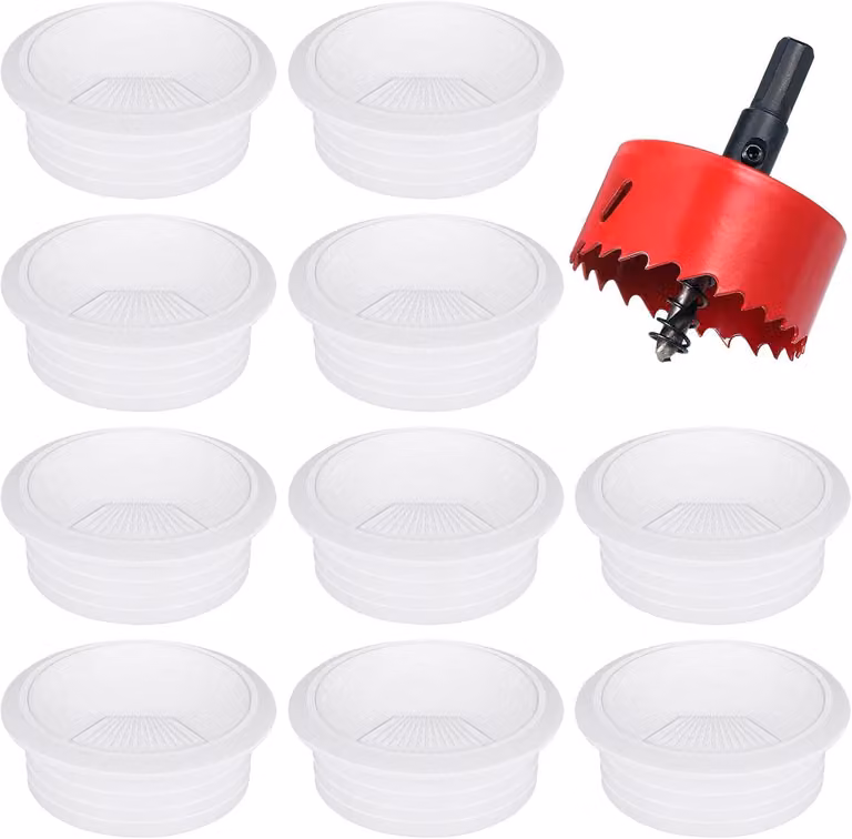 Passacavo per scrivania, diametro 60 mm - Set da 10 pezzi - Passacavo in plastica con apertura - Copertura per cavi regolabile - Sistema di gestione dei cavi per scrivania - Seghetto non incluso