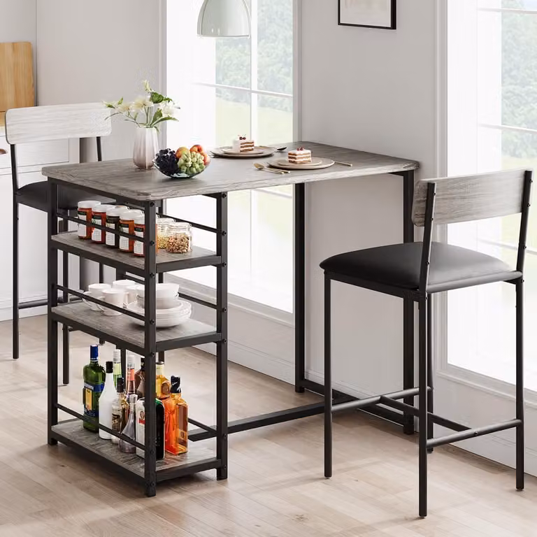 Tavolino da bar con sgabelli, set da 3 pezzi, stile industriale, colore grigio, con 3 ripiani laterali