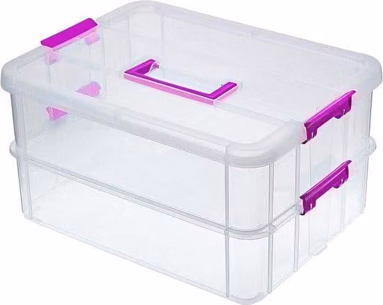 Contenitore impilabile a 2 livelli - Contenitori in plastica regolabili - Maniglia per il trasporto - Trasparente - Organizzatore per giocattoli artistici e artigianali - Accessori per il cucito - Scatola trasparente viola