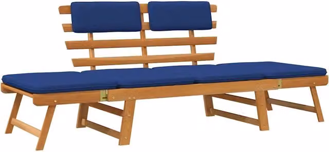 Panchina da Giardino 2-in-1 in Legno di Acacia Oliato con Cuscini Blu L: 190 cm