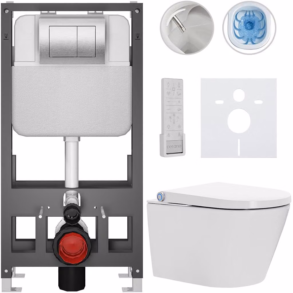 WC sospeso con bidet Basic/Cronus Premium - bianco lucido - pulsante WC Maxio/Argento - a pavimento - installazione a parete - 59,3x38,4 cm