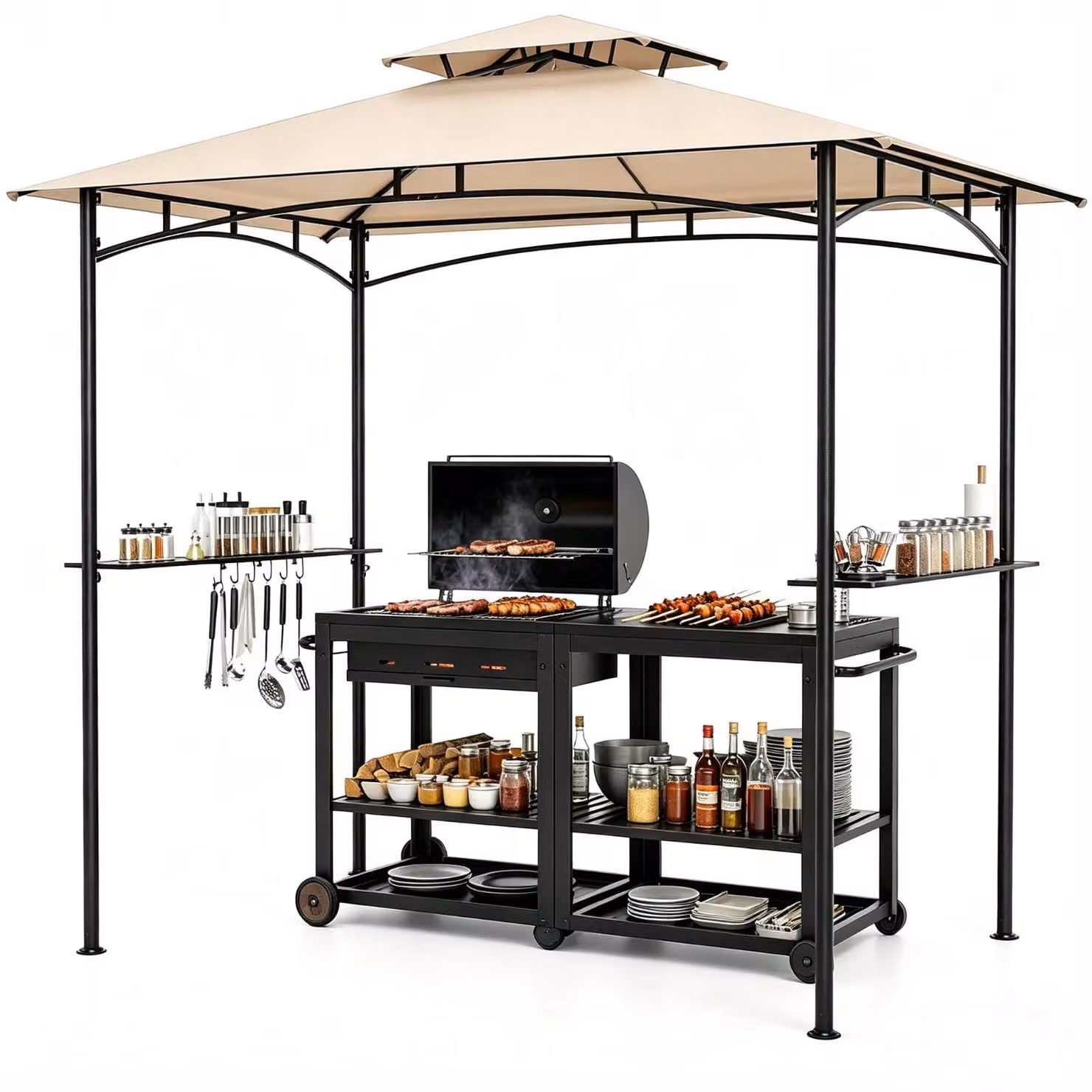 KOMFOTTEU, padiglione per barbecue da esterno, 242 x 150 cm, con tetto a due piani, 2 tavolini laterali, 6 ganci e 8 picchetti da terra. Tenda per barbecue con struttura in metallo, ideale per terrazza e giardino, perfetta per feste e barbecue