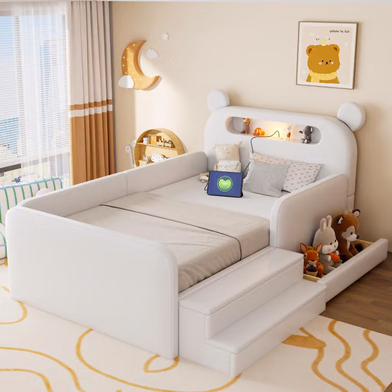 Lettino imbottito Merax 90x200 cm con luce notturna, lettino a forma di orsacchiotto con porta USB e vano portaoggetti, lettino in ecopelle con seduta a gradini e rete a doghe, bianco