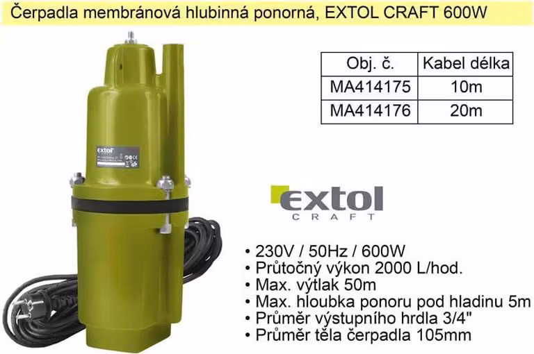 Extol Craft (414175) Membrana sommergibile, 600 W, 2000 l/ora, 10 m
