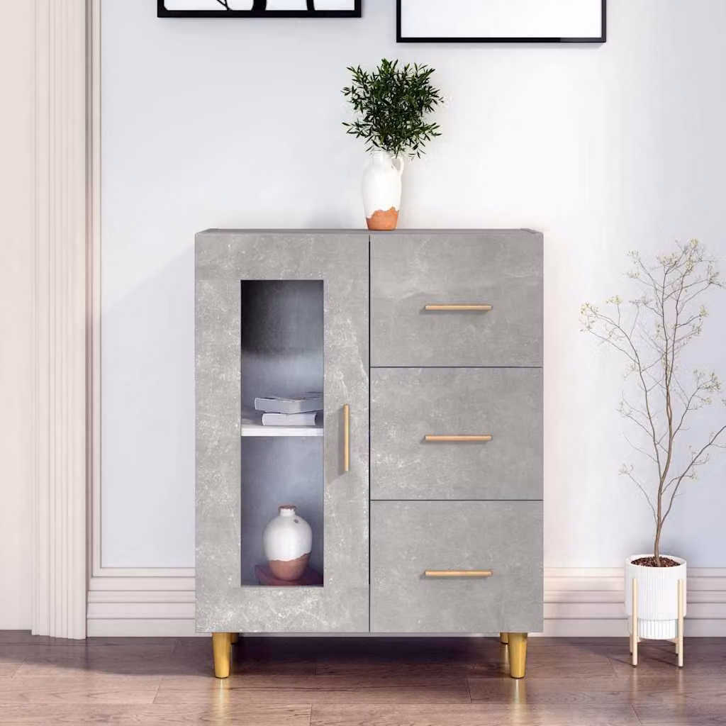 Credenza moderna vidaXL in legno multistrato e vetro, colore grigio, L 69,5 cm x P 34 cm x H 90 cm