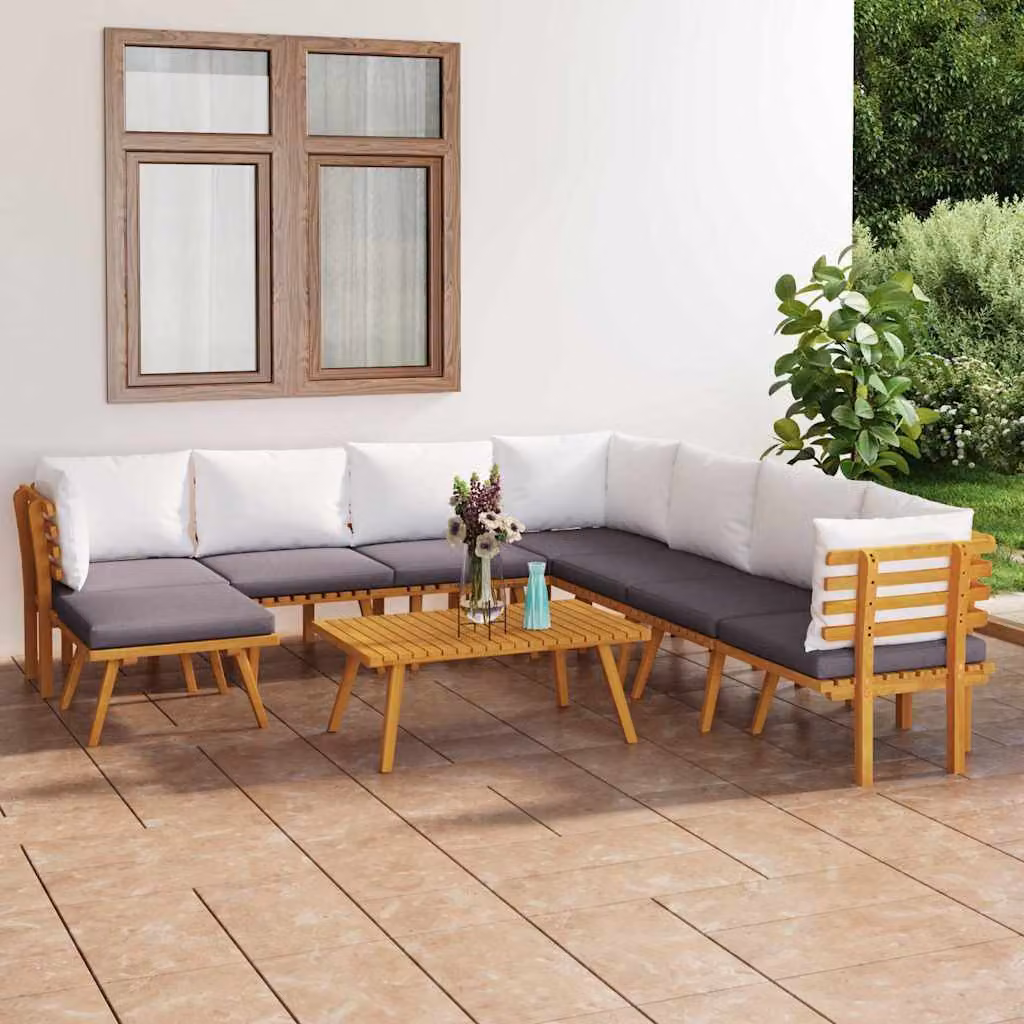 Set di divani da giardino vidaXL in legno di acacia con cuscini, componibile a L con tavolino e pouf, 9 pezzi
