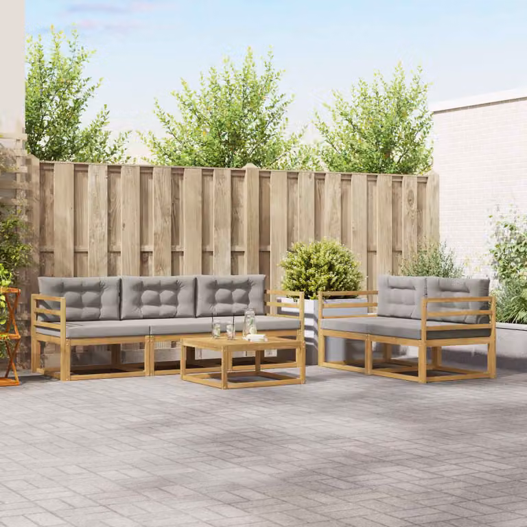 Set di divani da esterno vidaXL a forma di L con tavolo da caffè, 6 pezzi, in legno di acacia con cuscini, Bianco e Grigio