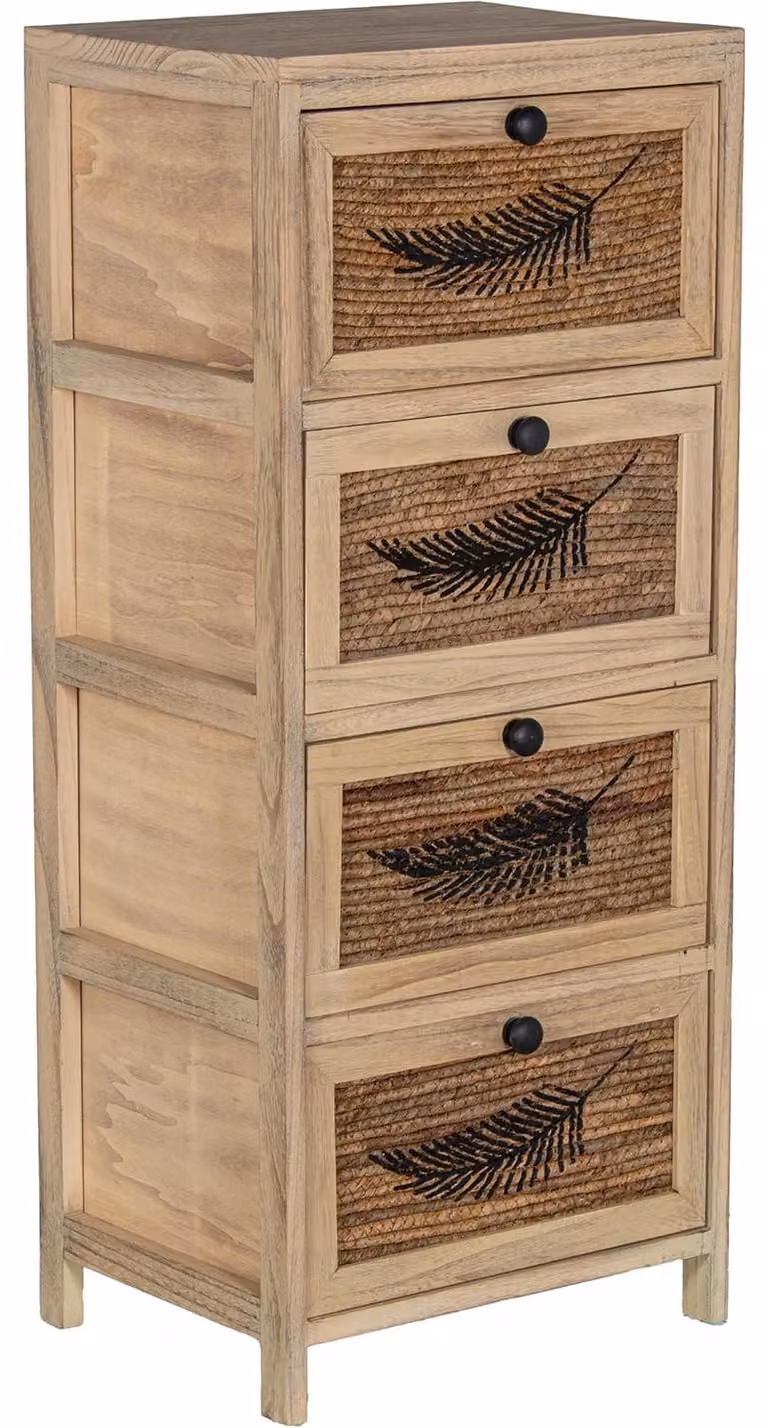 Comodino con 4 cassetti, struttura in vimini, legno di Paulownia, dimensioni 40x30x94 cm