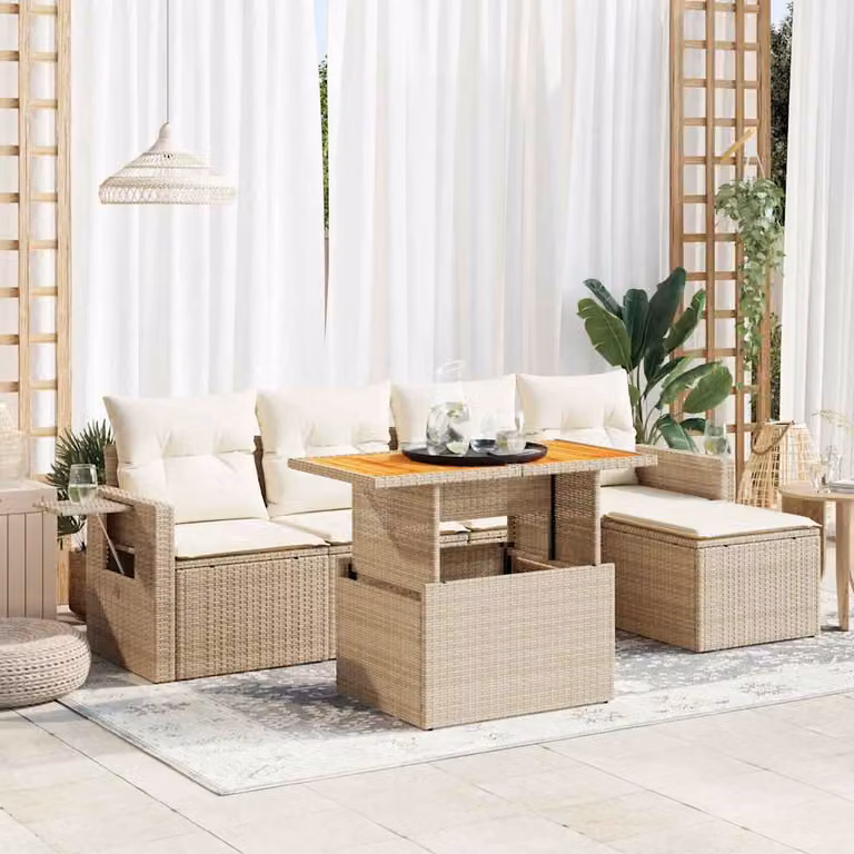 Set Divano da Giardino vidaXL 6 pz in Polyrattan Beige con Cuscini e Tavolino