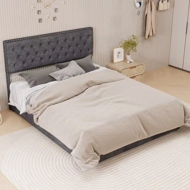 Letto matrimoniale 160 × 200 cm 2 posti con testiera alta imbottita, senza materasso, in velluto grigio