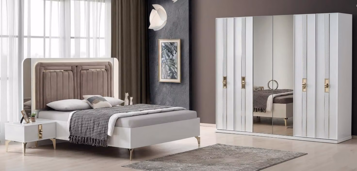 Set completo per camera da letto: letto matrimoniale, 2 comodini, tavolino da trucco