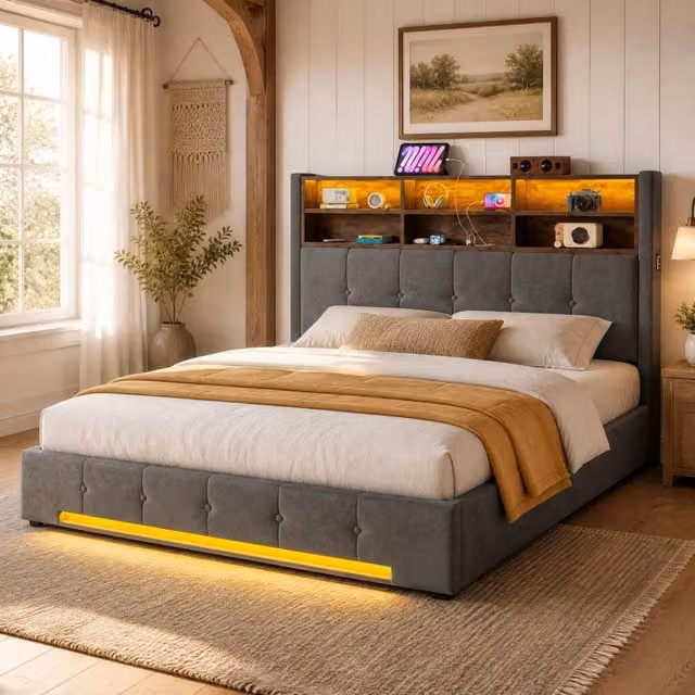 Letto 160×200 cm in velluto con testiera multifunzione, LED, USB-C e contenitore con sollevamento idraulico