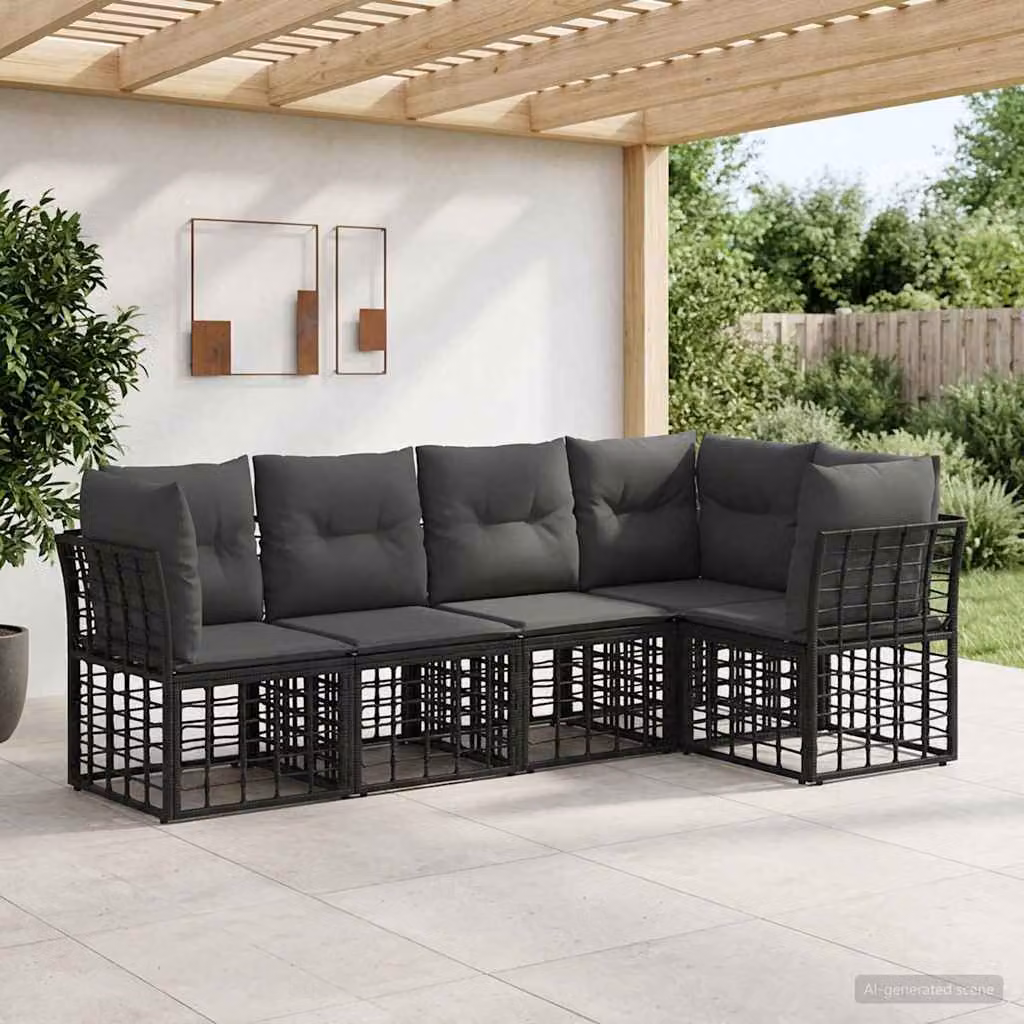 Set di divani da esterno a L vidaXL in polyrattan nero con cuscini in poliestere resistente ai raggi UV