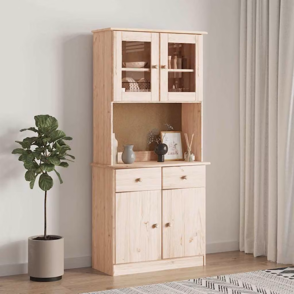 Credenza rustica vidaXL in legno di pino con ante in vetro, L: 77 cm, P: 35 cm, H: 165 cm