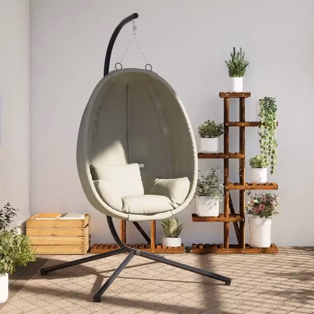 Sedia a uovo sospesa vidaXL con supporto in acciaio e tessuto beige per giardino e lounge H 193 x L 104 x P 100 cm – 1