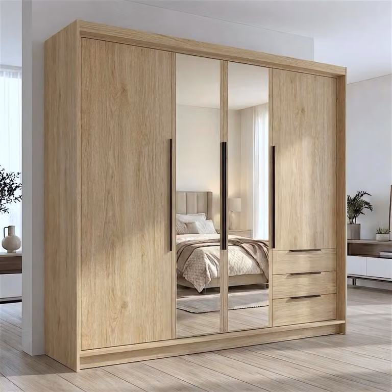 Spazioso armadio a quattro ante VIVO con cassetti e maniglie in metallo – design moderno