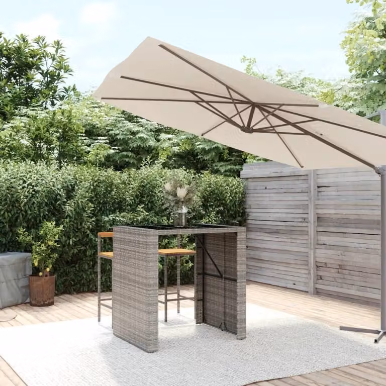The Living Store Tavolo da bar con piano in vetro grigio 105x80x110 cm in poly rattan