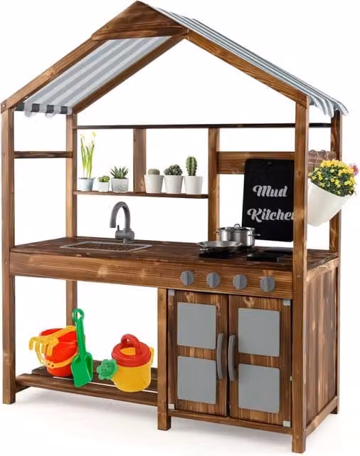 Set da cucina da giardino Costway in legno marrone con tettoia, rubinetto girevole e lavello rimovibile per bambini dai 3 ai 7 anni – 1