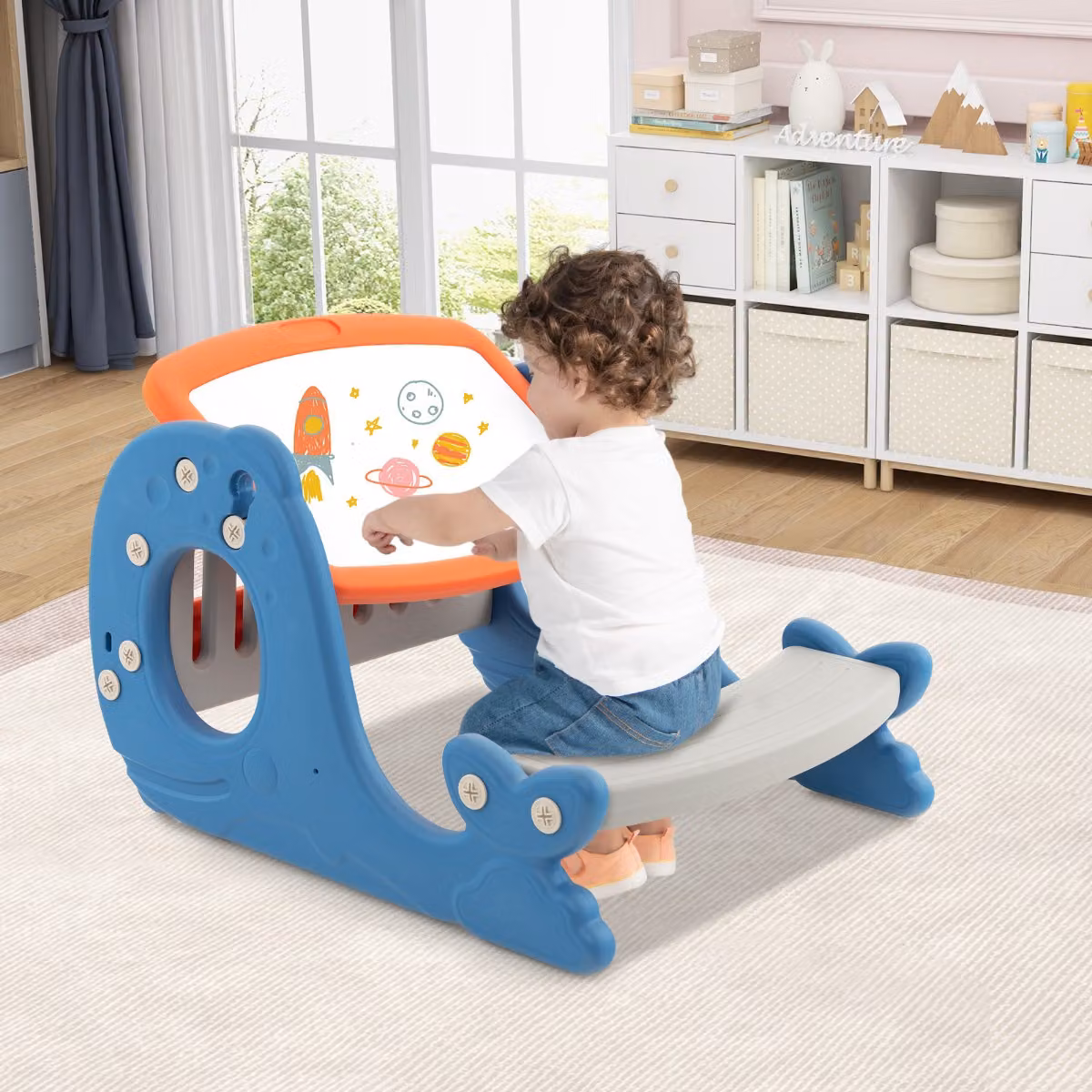 Costway Set tavolo attività convertibile per bambini con lavagna cancellabile, Cavalletto multifunzionale Blu e Arancione
