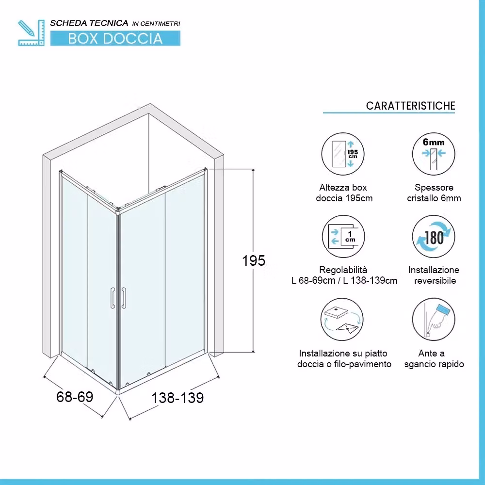 Box doccia angolare Icon con doppio sistema scorrevole e vetro trasparente L 140 cm x P 70 cm x H 195 cm – 2