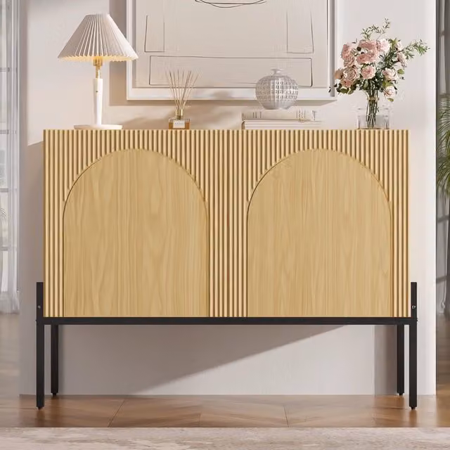 Sideboard Moderno Minimalista, 2 Ante, Design Linee Arcuate, Gambe in Metallo, Naturale, 100x75x40 cm