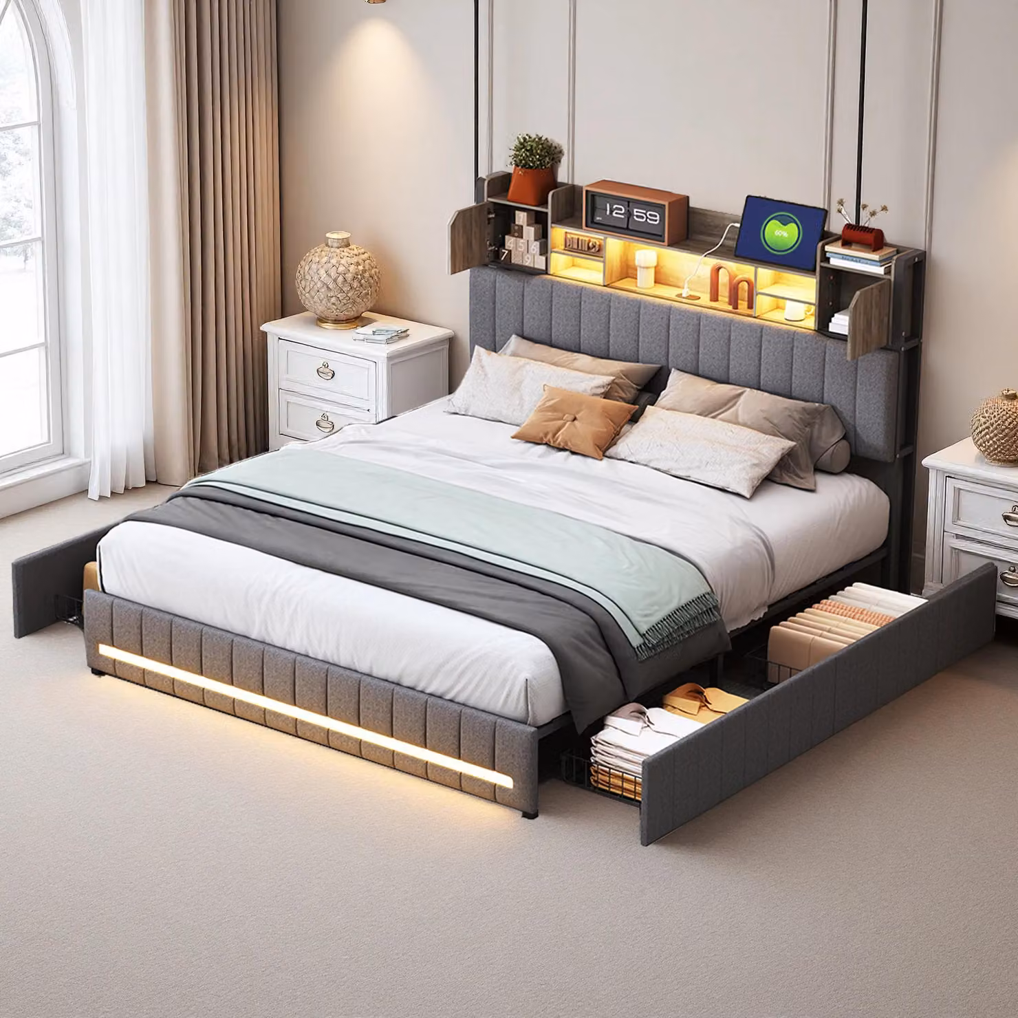 Letto imbottito - Letto matrimoniale - 160 x 200 cm - 4 cassetti - Testiera con spazio contenitivo - Struttura a listelli - Tessuto di lino - Grigio